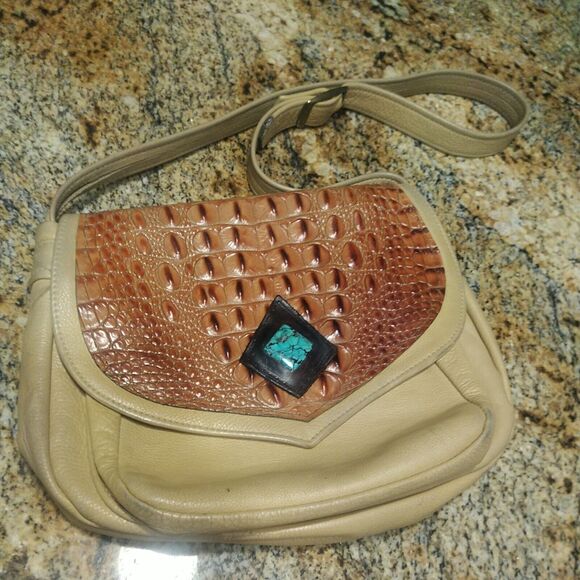HANDMADE VINTAGE BEIGE LEATHER & ALLIGATOR W REAL TURQUOISE BAG PURSE - Picture 3 of 12